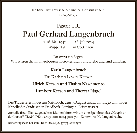 Todesanzeige von Paul Gerhard Langenbruch von HNA