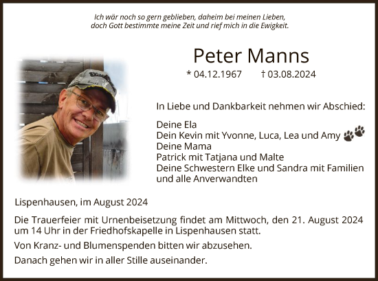 Todesanzeige von Peter Manns von HNA