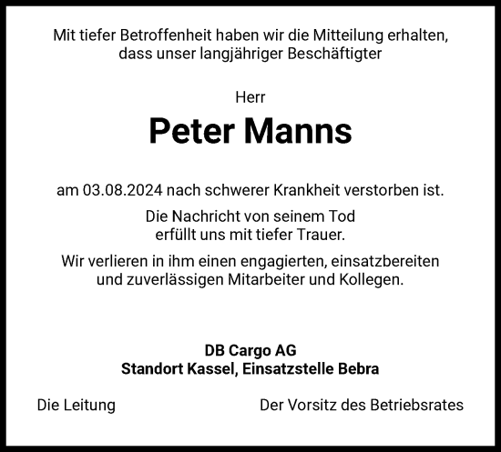 Todesanzeige von Peter Manns von HNA