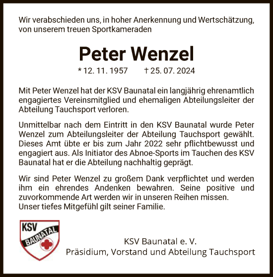 Todesanzeige von Peter Wenzel von HNAHNA