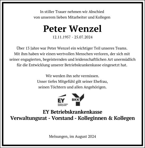 Todesanzeige von Peter Wenzel von HNAHNA