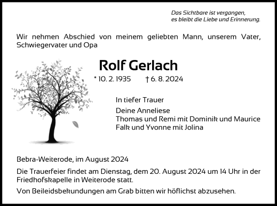 Todesanzeige von Rolf Gerlach von HNAHNA