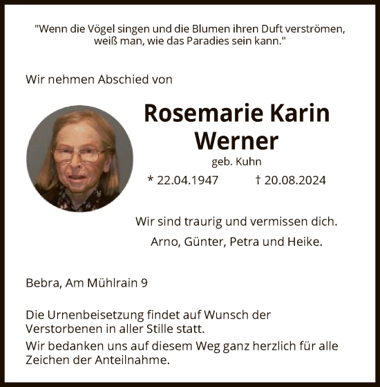 Todesanzeige von Rosemarie Karin Werner von HNA
