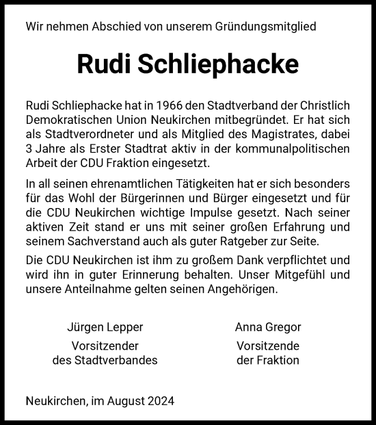 Todesanzeige von Rudi Schliephacke von HNA