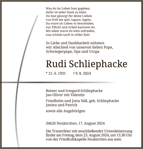 Todesanzeige von Rudi Schliephacke von HNA