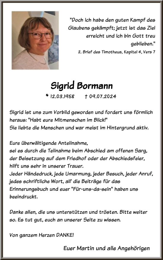 Todesanzeige von Sigrid Bormann von HNAHNA