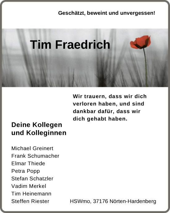 Todesanzeige von Tim Fraedrich von HNA