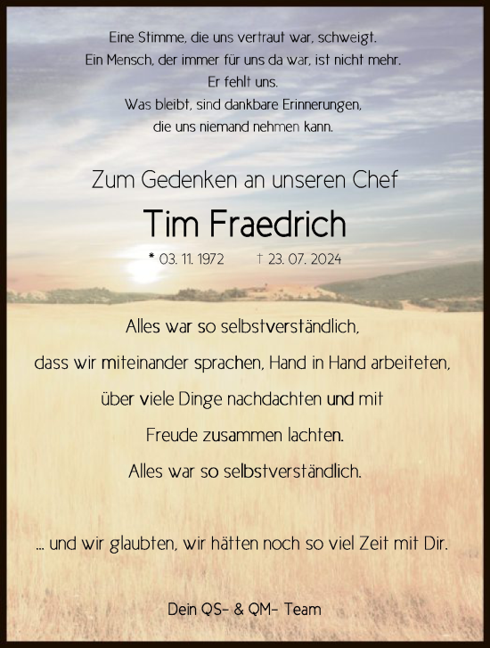 Todesanzeige von Tim Fraedrich von HNA