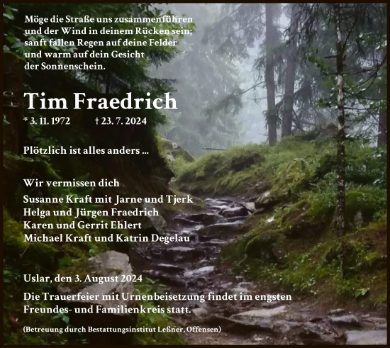 Todesanzeige von Tim Fraedrich von HNA