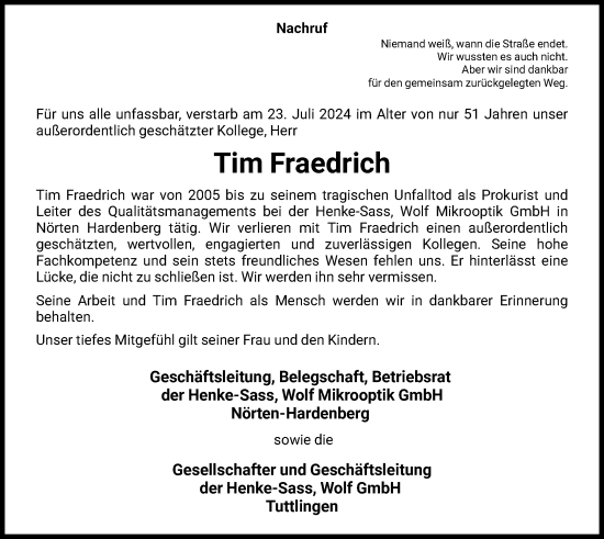 Todesanzeige von Tim Fraedrich von HNA