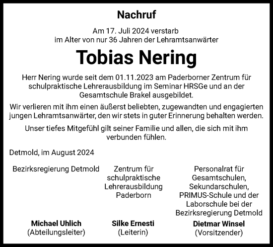 Todesanzeige von Tobias Nering von HNA