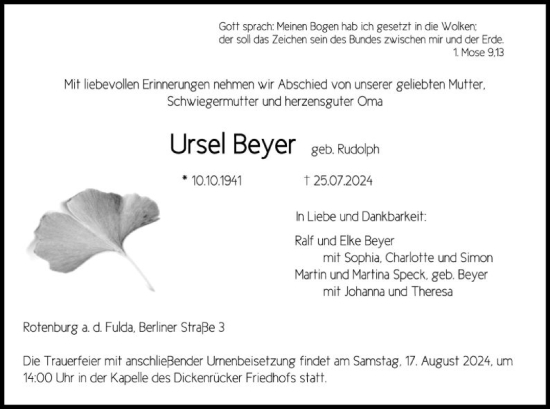Todesanzeige von Ursel Beyer von HNA