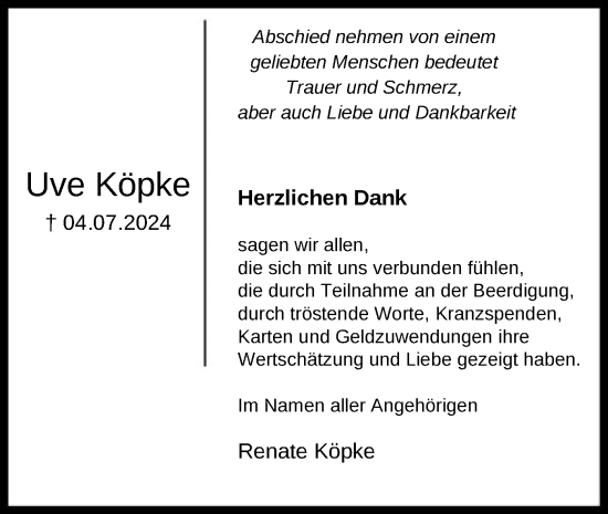 Todesanzeige von Uve Köpke von HNA