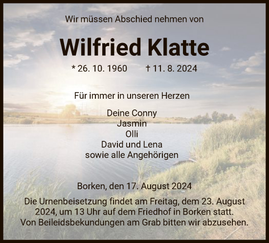 Todesanzeige von Wilfried Klatte von HNA