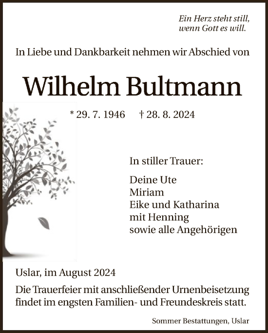 Todesanzeige von Wilhelm Buhmann von HNA