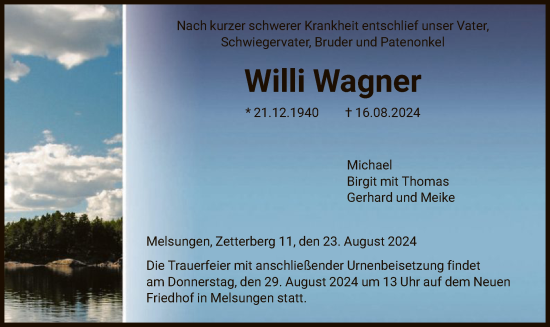Todesanzeige von Willi Wagner von HNAHNA