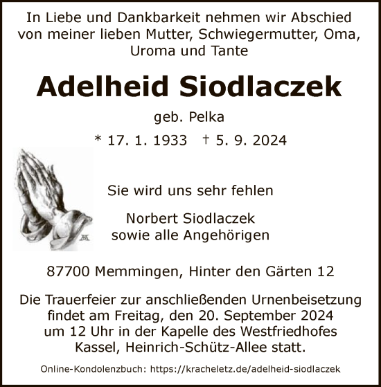 Todesanzeige von Adelheid Siodlaczek von HNA