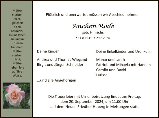 Todesanzeige von Anchen Rode von HNA