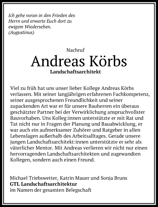 Todesanzeige von Andreas Körbs von HNA
