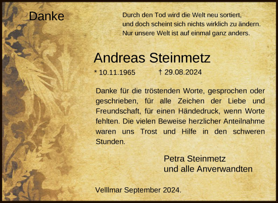 Todesanzeige von Andreas Steinmetz von HNA