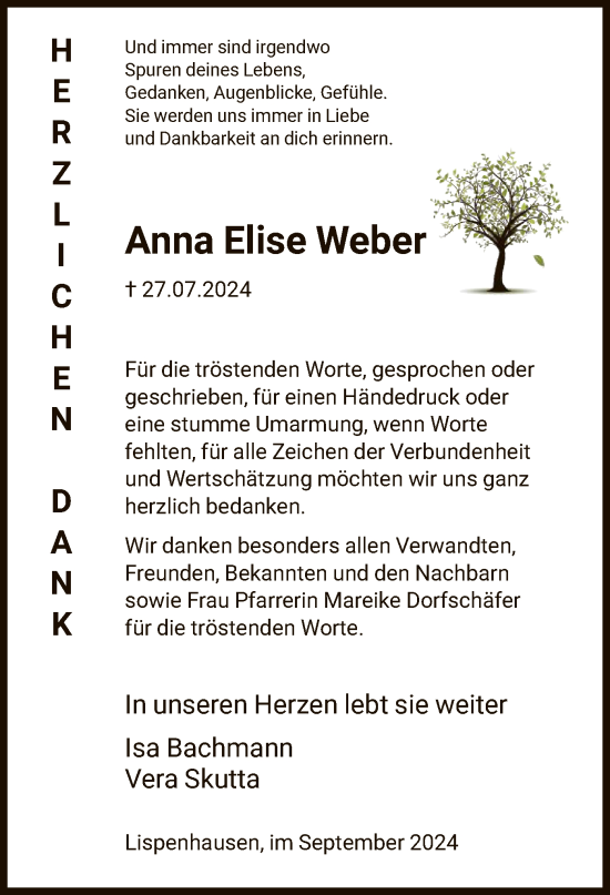 Todesanzeige von Anna Elise Weber von HNA