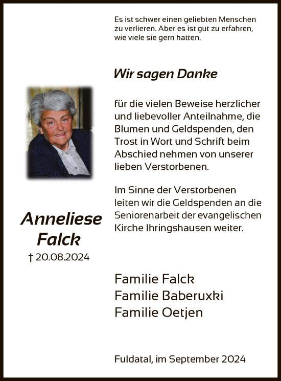 Todesanzeige von Anneliese Falck von HNA