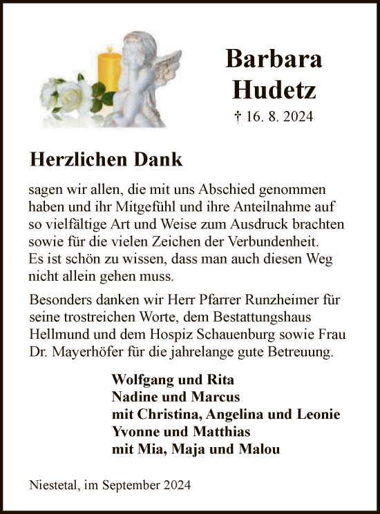 Todesanzeige von Barbara Hudetz von HNA