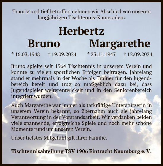 Todesanzeige von Bruno und Margarethe Herbertz von HNA