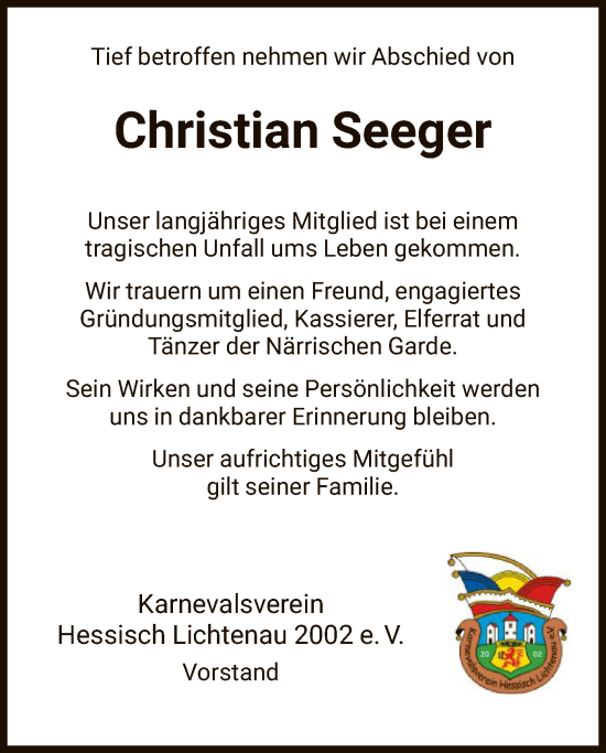 Todesanzeige von Christian Seeger von HNA