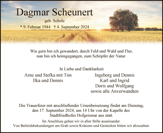 Todesanzeige von Dagmar Scheunert von HNA