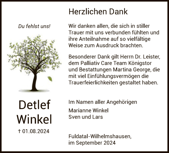 Todesanzeige von Detlef Winkel von HNA