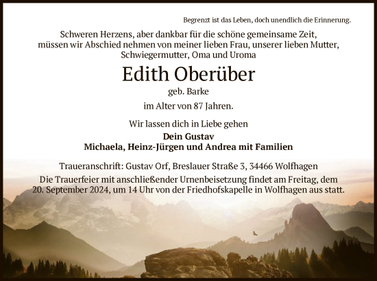 Todesanzeige von Edith Oberüber von HNA