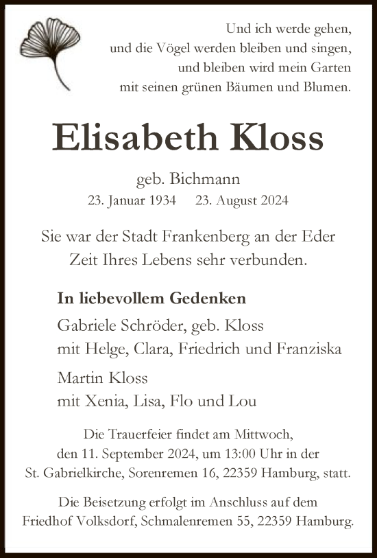 Todesanzeige von Elisabeth Kloss von HNA