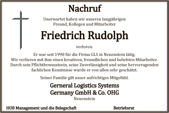 Todesanzeige von Friedrich Rudolph von HNAHNA
