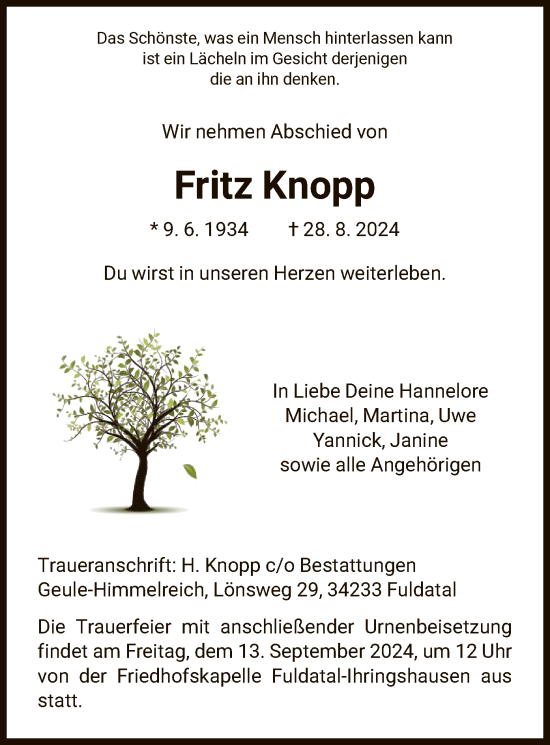 Todesanzeige von Fritz Knopp von HNA