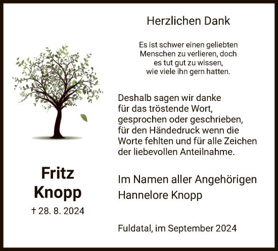 Todesanzeige von Fritz Knopp von HNA