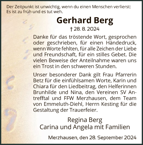 Todesanzeige von Gerhard Berg von HNA