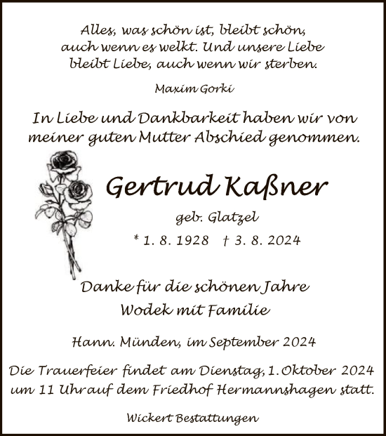 Todesanzeige von Gertrud Kaßner von HNA