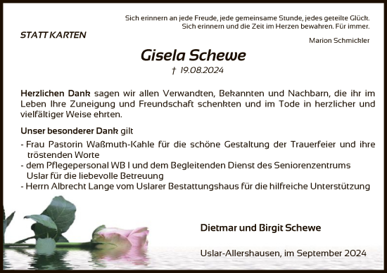 Todesanzeige von Gisela Schewe von HNA