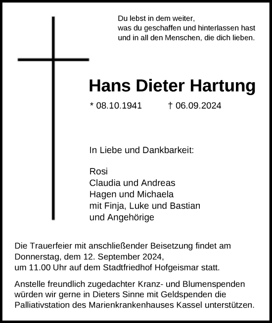 Todesanzeige von Hans Dieter Hartung von HNA
