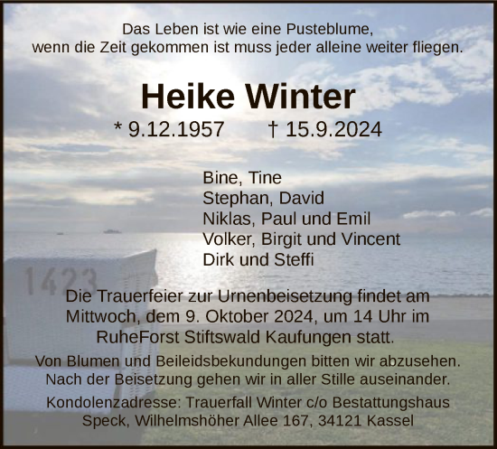 Todesanzeige von Heike Winter von HNA