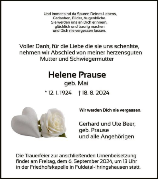 Todesanzeige von Helene Prause von HNA