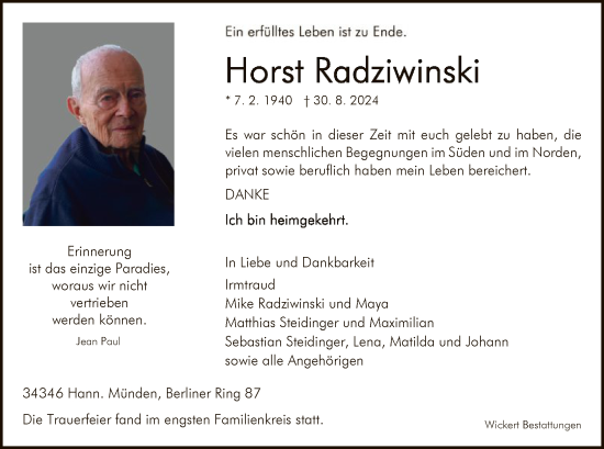 Todesanzeige von Horst Radziwinski von HNA