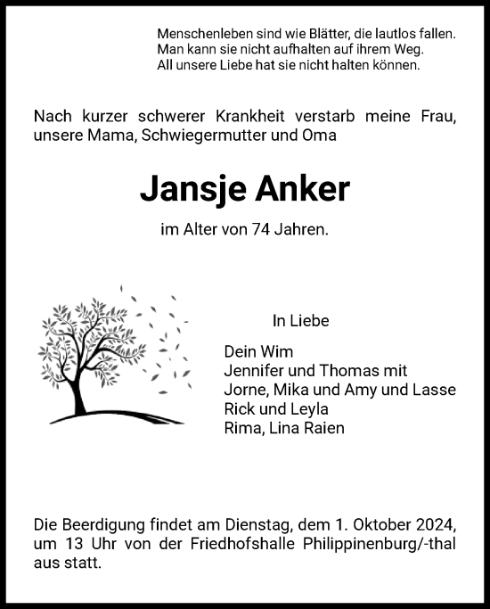 Todesanzeige von Jansje Anker von HNA