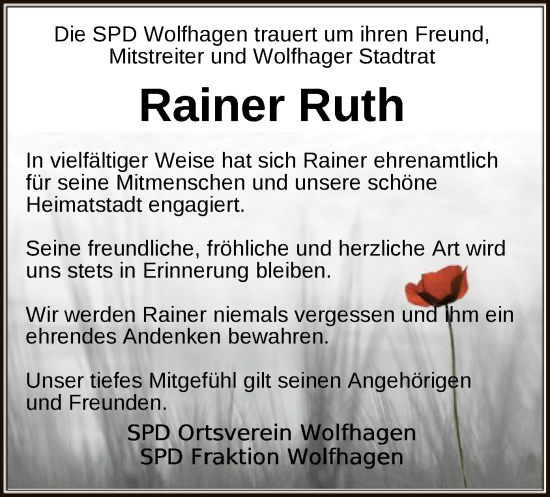 Todesanzeige von Rainer Ruth von HNA