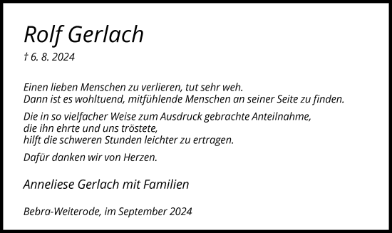 Todesanzeige von Rolf Gerlach von HNA