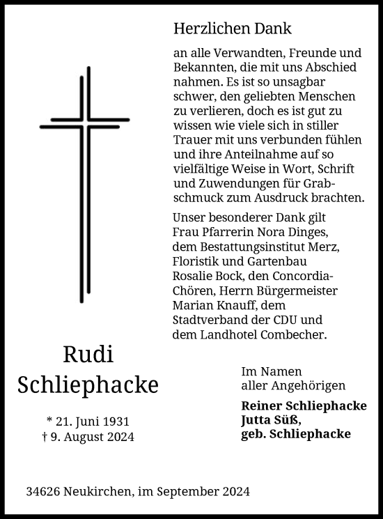 Todesanzeige von Rudi Schliephacke von HNA