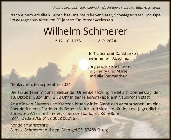 Todesanzeige von Wilhelm Schmerer von HNA