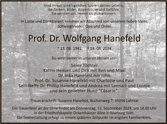 Todesanzeige von Wolfgang Hanefeld von HNA