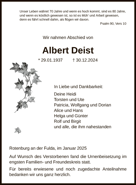 Todesanzeige von Albert Deist von HNA